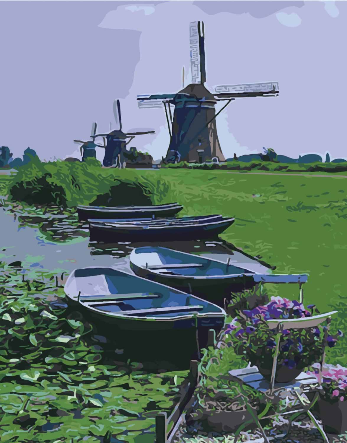 Картина за номерами Strateg Човники на фоні млина 40х50 см (SY6493)