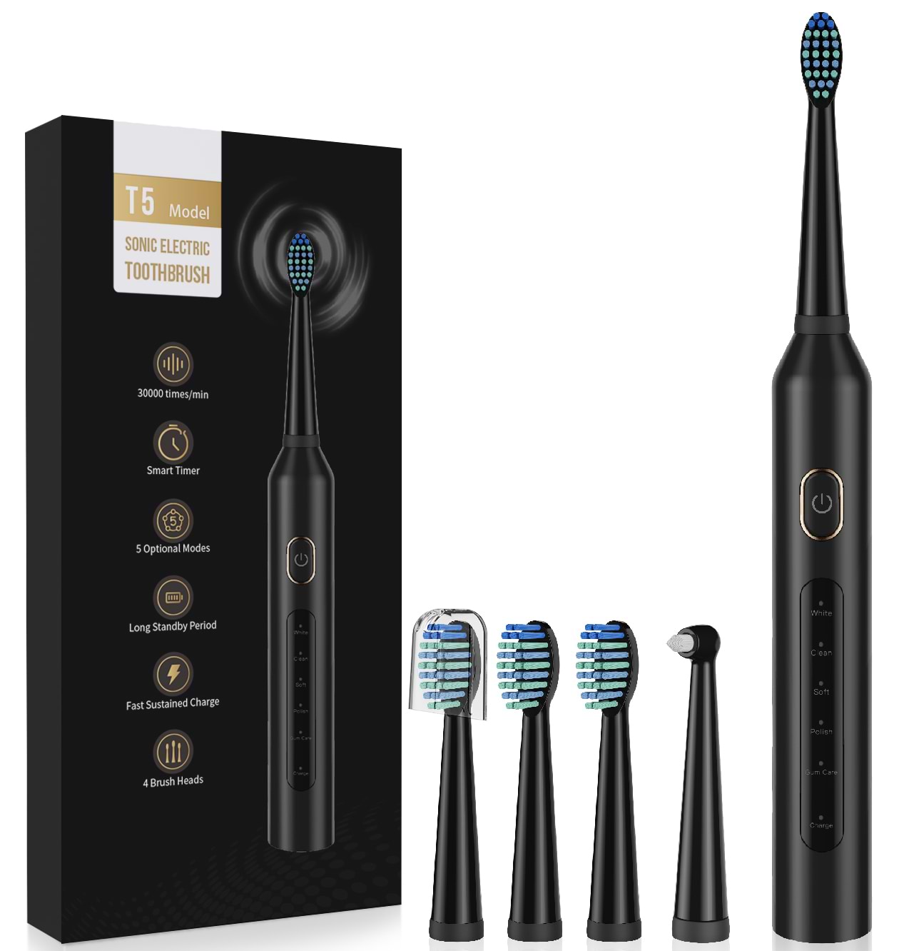 Зубная щетка электрическая INSPIRE T5 насадки 4 шт. (ins-t5-black) - Фото 1
