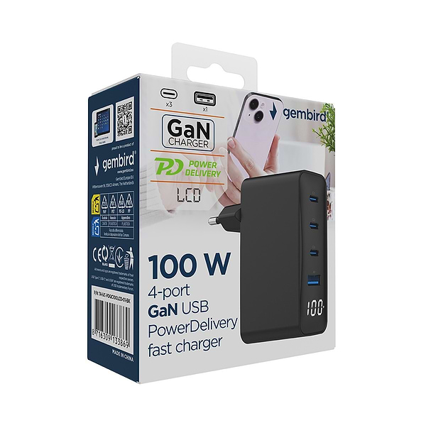 Фото - Мережевий зарядний пристрій Gembird 1xUSB-A (QC3.0 30W)+3xType-C (PD 100W) Black (TA-UC-PDQC100LCD-01-BK)