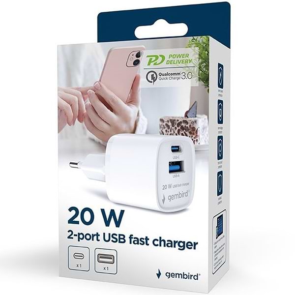 Фото - Сетевое зарядное устройство Gembird 1 USB-A + 1 Type-C PD20Вт + QC3.0 18Вт (TA-UC-PDQC20-W-01)