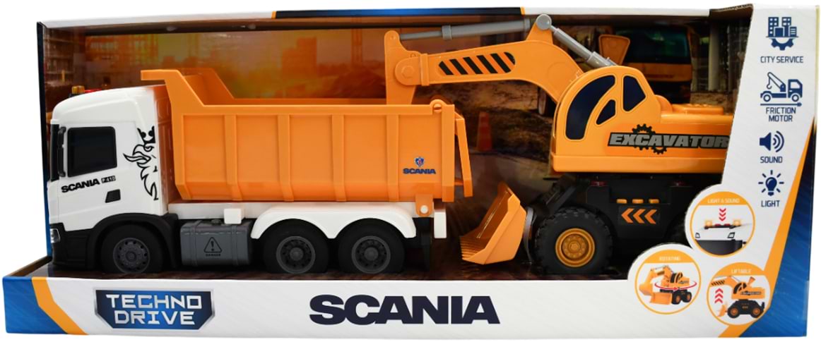 Наземна спецтехніка TechnoDrive 2в1 Truck – САМОСВАЛ SCANIA І ЕКСКАВАТОР (світло, звук) (8001KS)