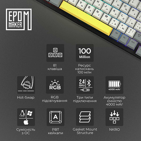 Фото - Клавіатура бездротова ігрова EPOMAKER TH80 SE Budgerigar V2 Switch Hot-Swap RGB Black (TH80-SE-B-BV2)