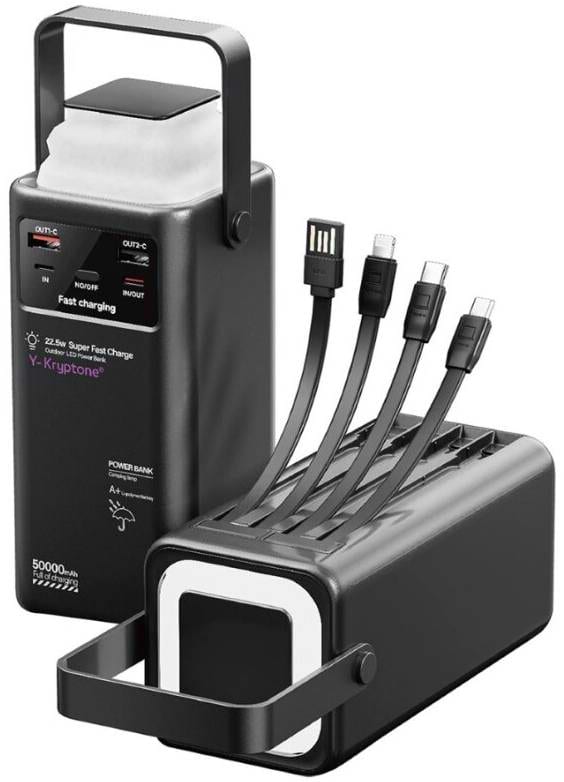 Батарея мобильная Y-Kryptone GT-56 LED LAMP 50000 mAh QC3.0 22.5W Super Fast Charge Black (YK-GT56-B)