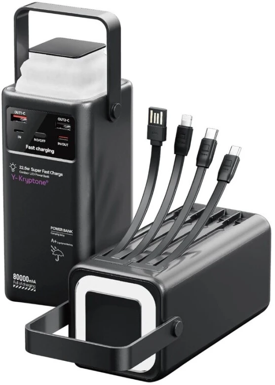 Батарея мобільна Y-Kryptone GT-86 LED LAMP 80000 mAh QC3.0 22.5W Super Fast Charge Black (YK-GT86-B)