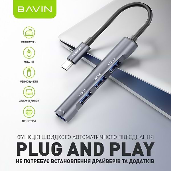 Фото - Хаб USB Bavin HUB-19 USB-C/1xUSB 3.0/3xUSB 2.0 Gray (HUB-19 GY)