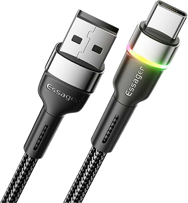 Фото - Кабель синхронізації даних Essager Colorful LED USB Cable Fast Charging 3A USB-A to Type C 2m Black (EXCT-XCDA01)
