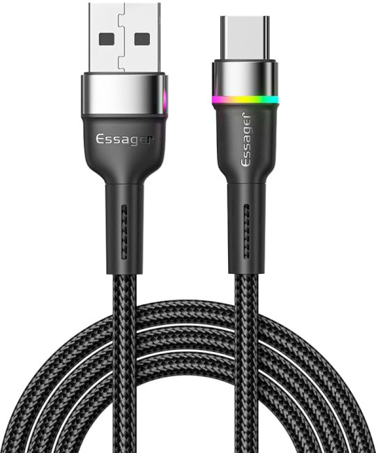 Фото - Кабель синхронізації даних Essager Colorful LED USB Cable Fast Charging 3A USB-A to Type C 2m Black (EXCT-XCDA01)