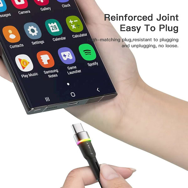 Фото - Кабель синхронізації даних Essager Colorful LED USB Cable Fast Charging 3A USB-A to Type C 2m Black (EXCT-XCDA01)