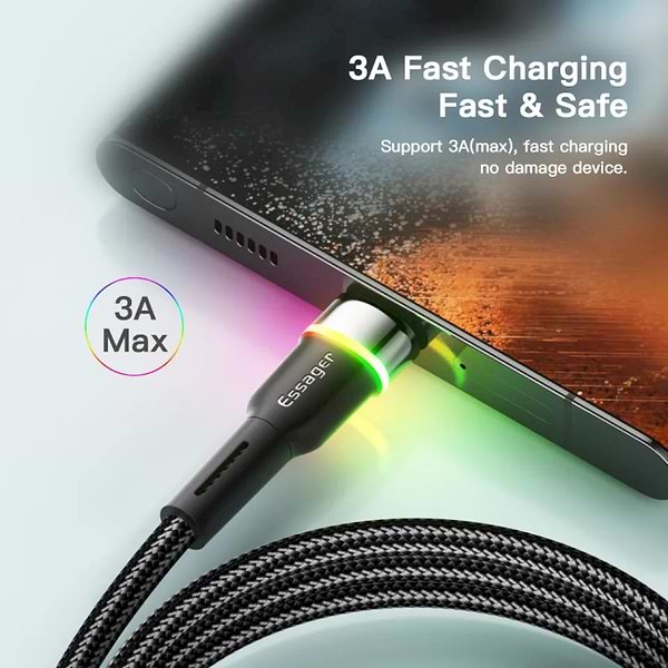 Фото - Кабель синхронізації даних Essager Colorful LED USB Cable Fast Charging 3A USB-A to Type C 2m Black (EXCT-XCDA01)