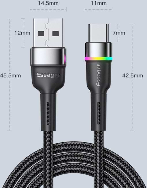 Фото - Кабель синхронізації даних Essager Colorful LED USB Cable Fast Charging 3A USB-A to Type C 2m Black (EXCT-XCDA01)