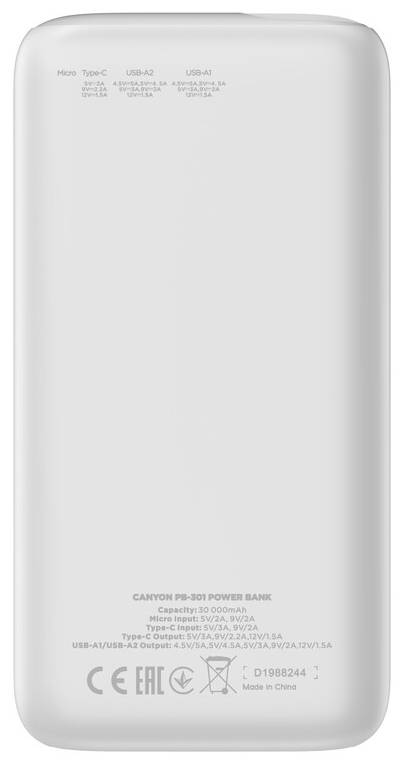 Фото - Батарея мобільна Canyon PPB-301 30000 mAh PD QC White (CNE-CPB301W)