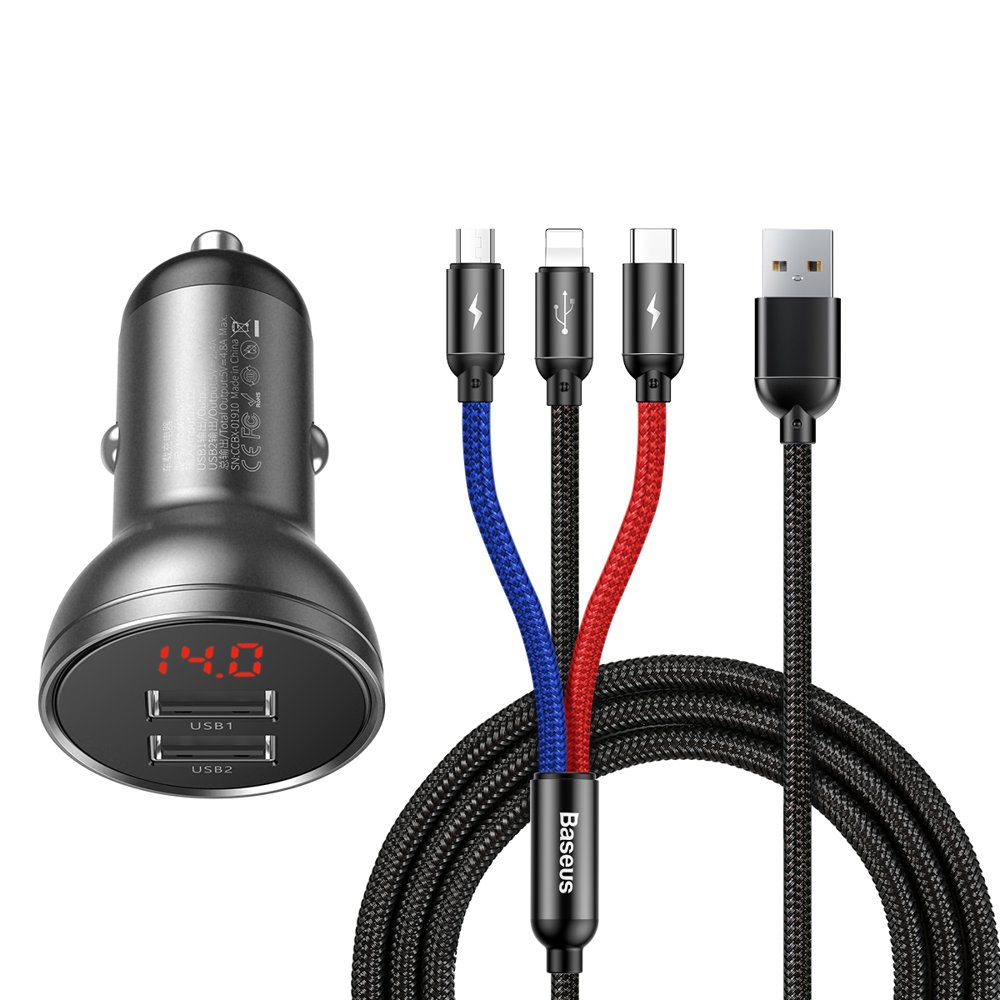 Автомобильное зарядное устройство Baseus Digital Display Dual USB 4.8A Car Charger 24W with Three Primary Colors 3-in-1 (TZCCBX-0G)