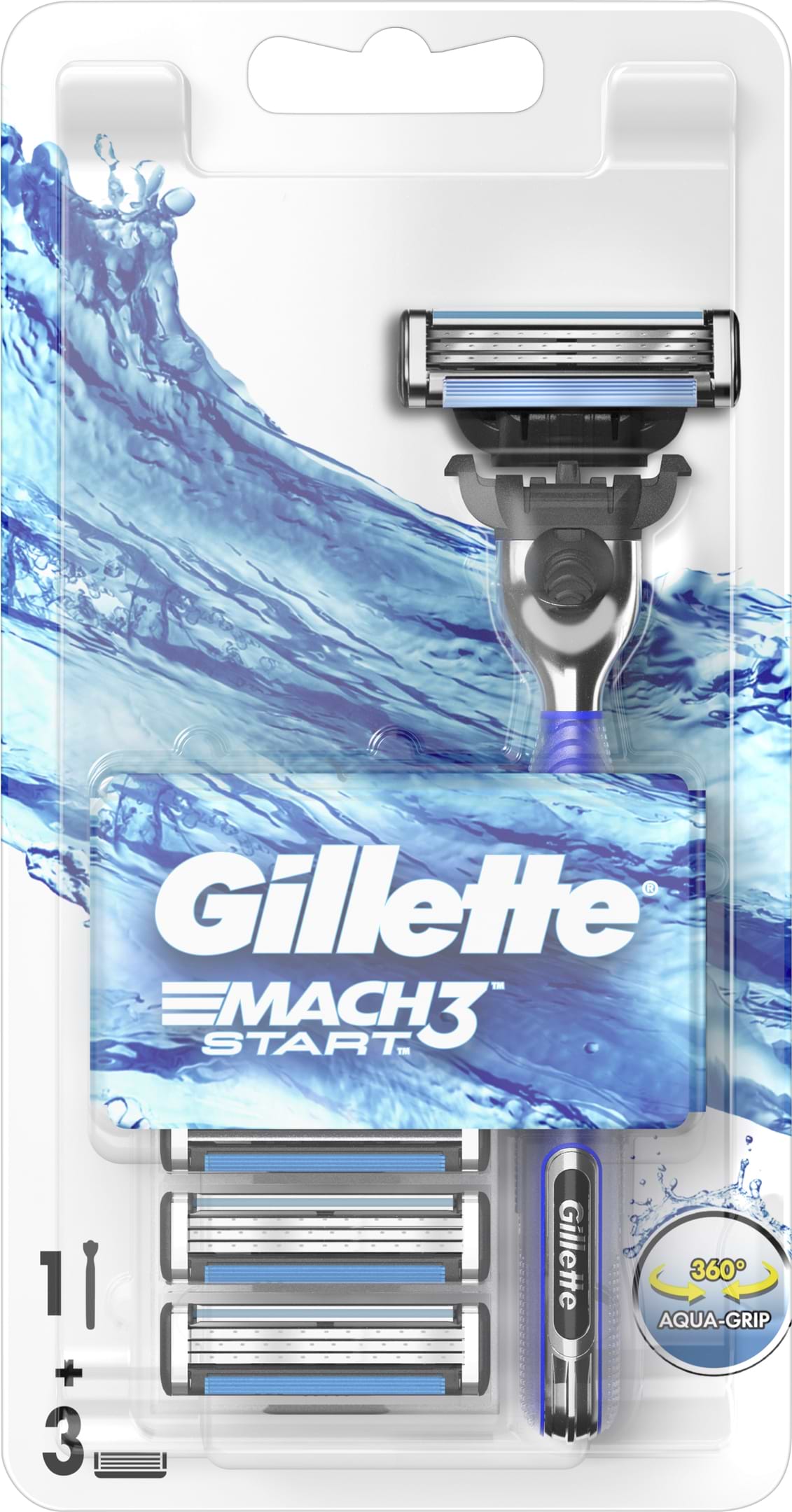 Станок чоловічий Gillette Mach3 Start с Ручкой Aqua-Grip с тремя сменными насадками (7702018464005) - Фото 1