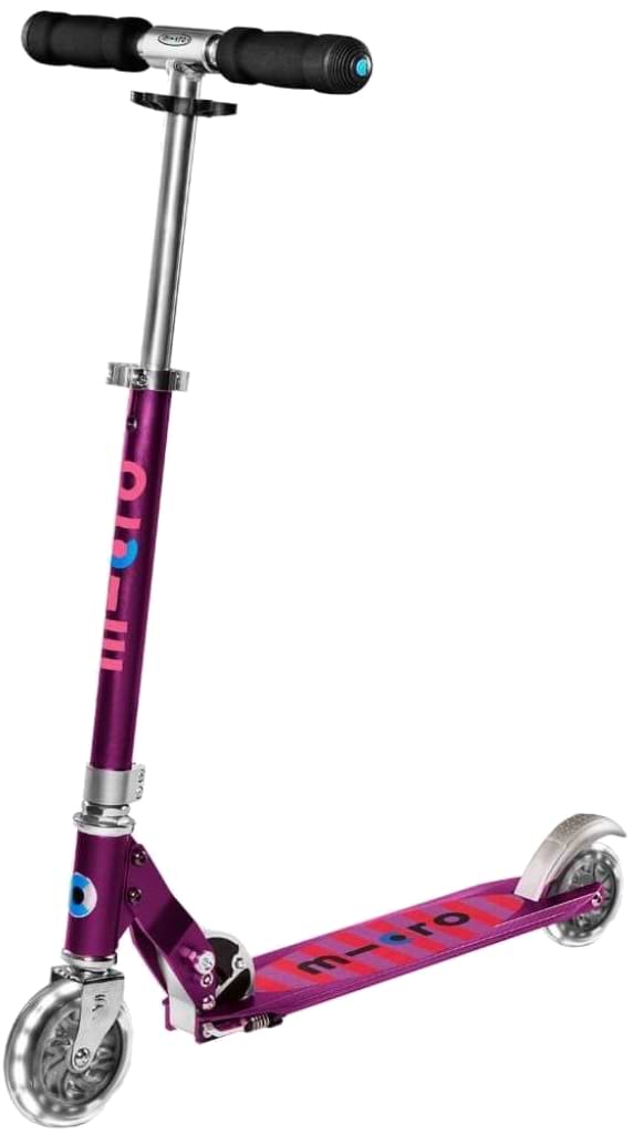 Двухколёсный самокат Micro "Sprite LED" – ФИОЛЕТОВЫЙ (складной, дека в полосочку, до 100 kg, 2-х колесный, (SA0219)
