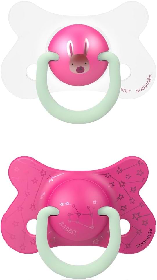 Анатомическая пустышка Suavinex физиологическая (набор 2 шт), 4 -18 месяца, ночная, розовый зайчик (307006)