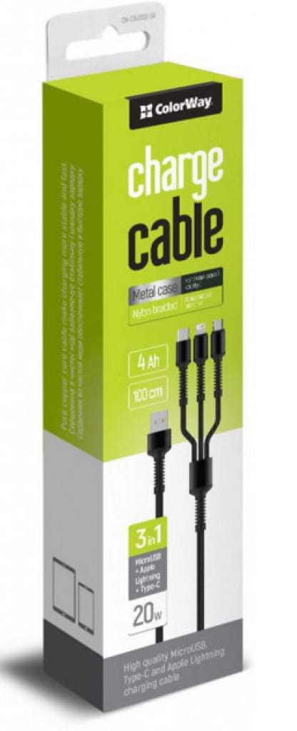 Фото - Кабель синхронизации данных Colorway USB 2.0 AM to Lightning + Micro 5P + Type-C 4.0A (20W) (CW-CBU3003-GR)