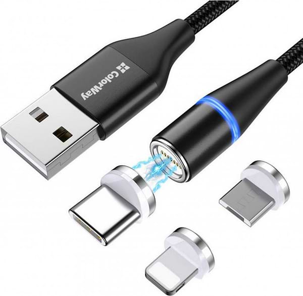 Фото - Кабель синхронизации данных Colorway USB - 3в1 (Lightning+MicroUSB+Type-C) Magnetic Data/Quick Charge 2.4А 1 м Black (CW-CBUU038-BK)