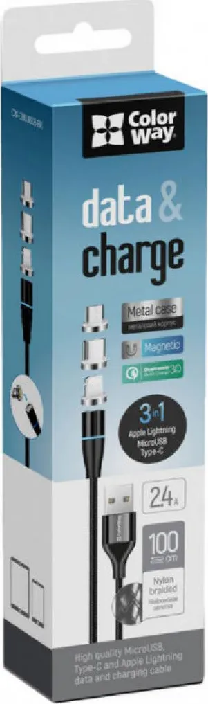 Фото - Кабель синхронизации данных Colorway USB - 3в1 (Lightning+MicroUSB+Type-C) Magnetic Data/Quick Charge 2.4А 1 м Black (CW-CBUU038-BK)