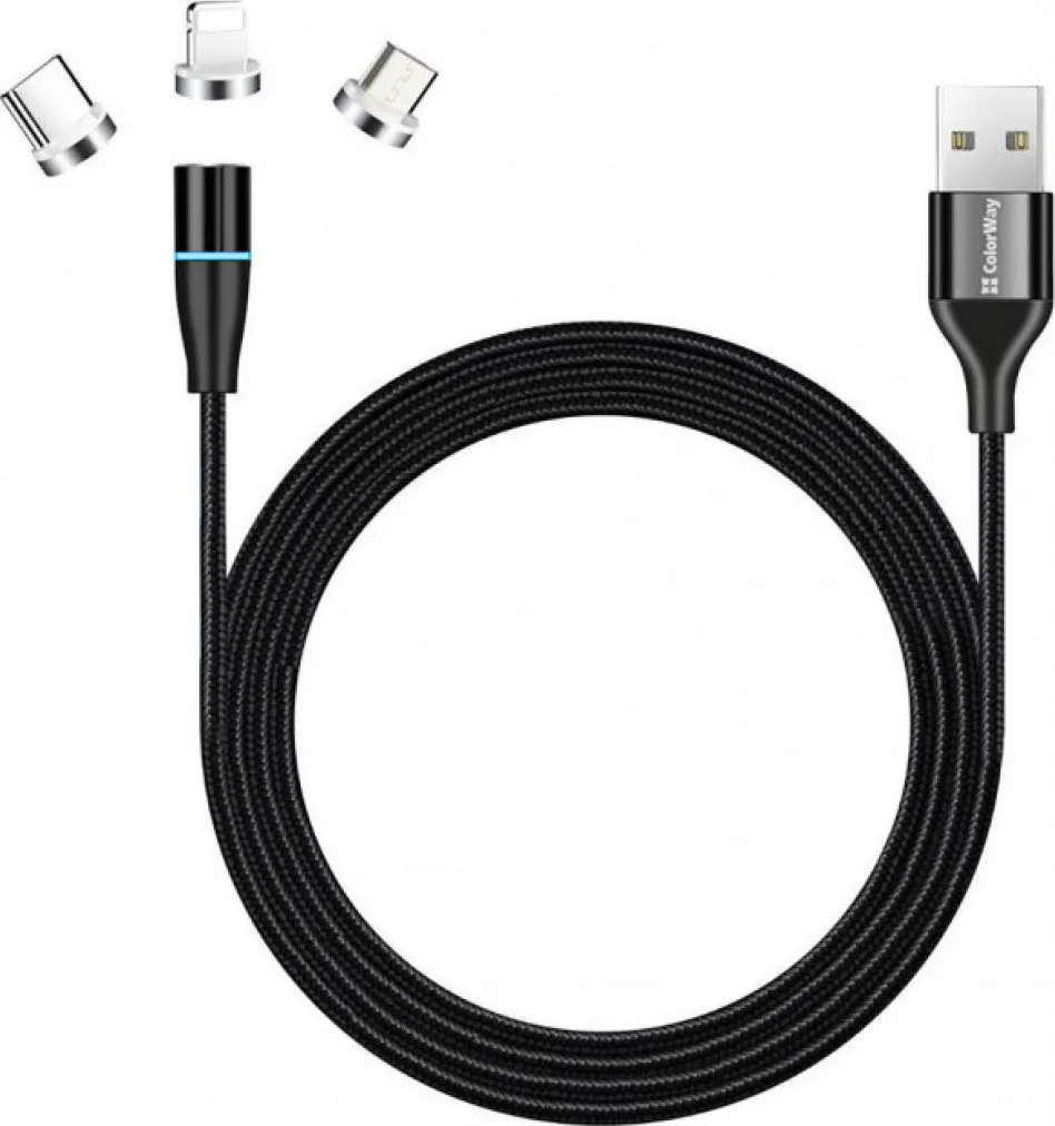 Кабель синхронізації даних Colorway USB - 3в1 (Lightning+MicroUSB+Type-C) Magnetic Data/Quick Charge 2.4А 1 м Black (CW-CBUU038-BK) - Фото 1