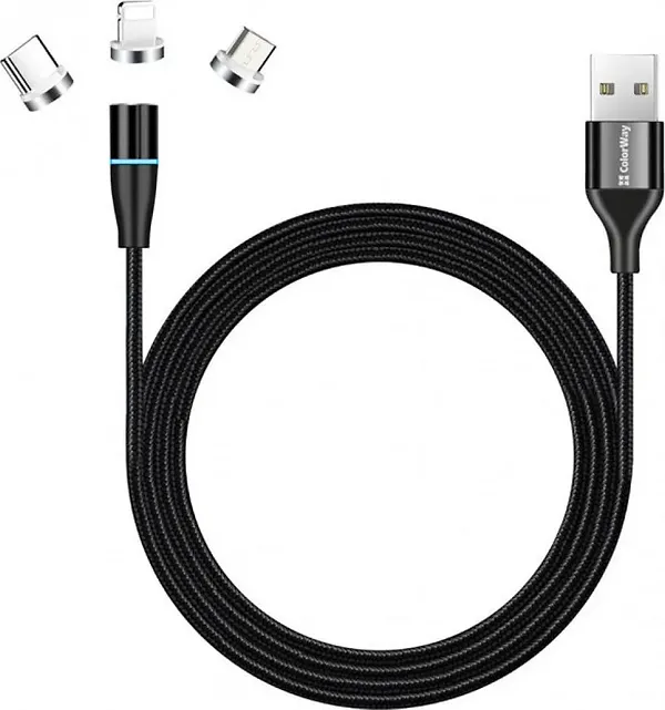Фото - Кабель синхронизации данных Colorway USB - 3в1 (Lightning+MicroUSB+Type-C) Magnetic Data/Quick Charge 2.4А 1 м Black (CW-CBUU038-BK)