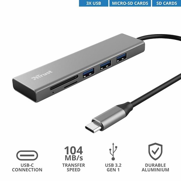 Фото - Хаб USB Trust Halyx Fast 3xUSB+Card Reader USB-C Aluminium (24191)