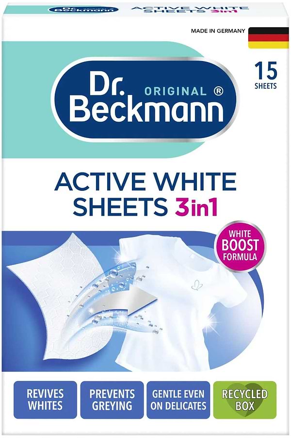 Фото - Засіб для делікатного прання Dr.BECKMANN для обновления белого цвета ткани 15 шт (4008455551913)