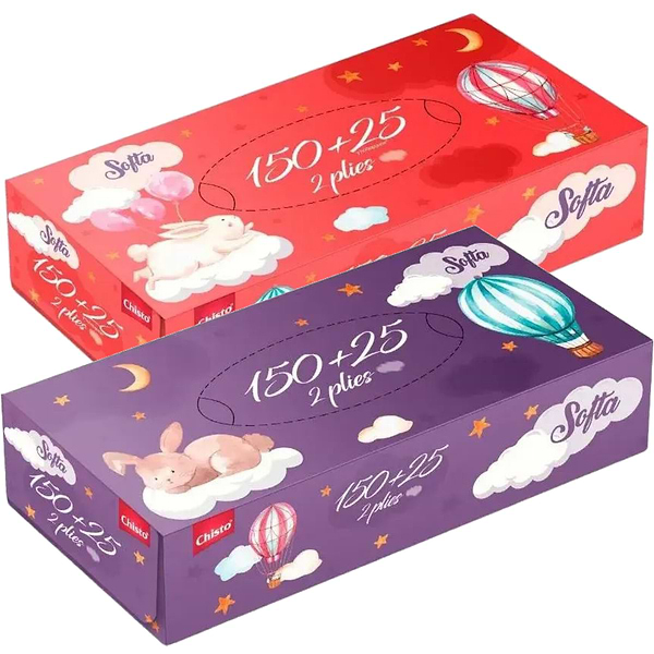 Фото - Серветки паперові Chisto Softa косметичні 2 шари 150+25 шт. Bunny (4823098412441)