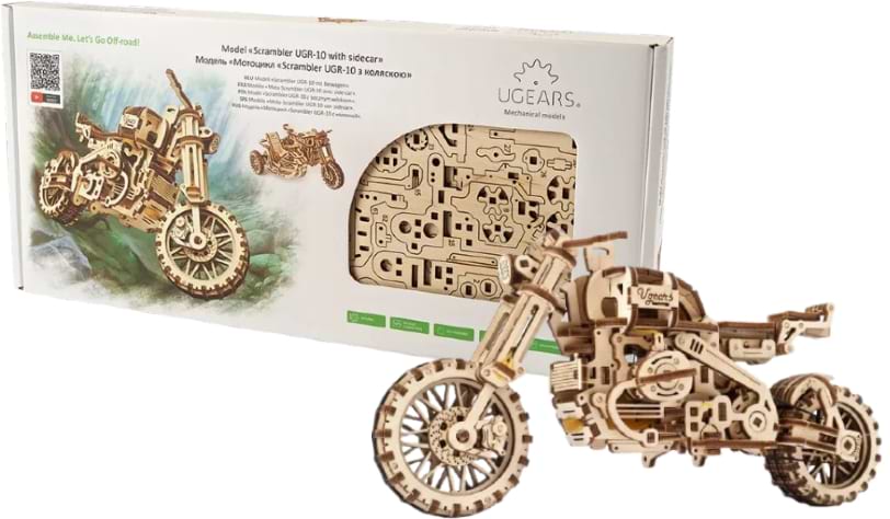3D пазли Ugears Модель Scrambler UGR-10 з мотоколяскою (70137) - Фото 1