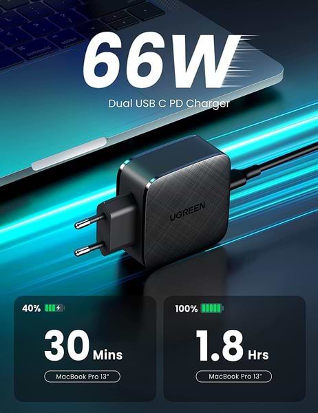 Фото - Мережевий зарядний пристрій UGREEN CD216 66W 2xType-C PD Charger Black (70867)