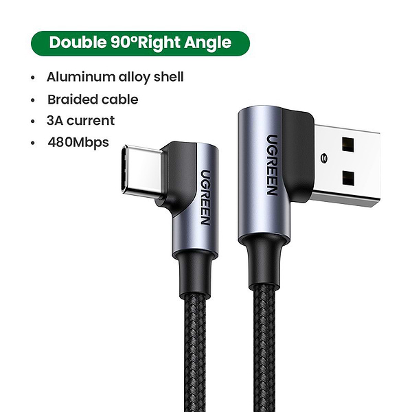Фото - Кабель синхронизации данных UGREEN US176 Angled USB 2.0 to Angled USB Type-C 0.5m Black (20855)
