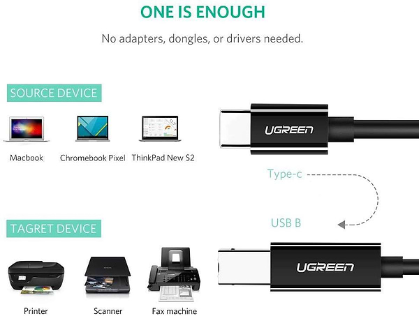Фото - Перехідник UGREEN US241 USB-C 2.0 to USB-B 2.0 Print Cable 2m Black (50446)