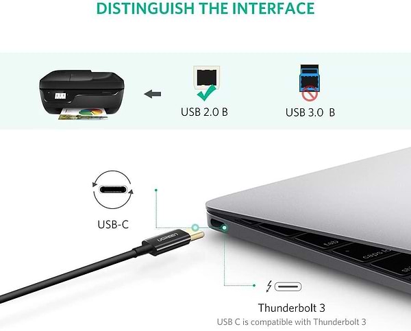 Фото - Перехідник UGREEN US241 USB-C 2.0 to USB-B 2.0 Print Cable 2m Black (50446)