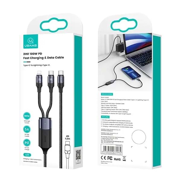 Фото - Кабель Usams US-SJ550 U71 USB Type-C - Lightning + USB Type-C 100W 1.2m Black (6958444977065)