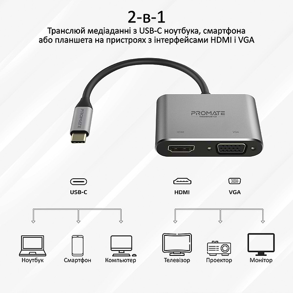 Фото - Хаб USB Promate USB-C-HDMI/VGA (Mediahub-c2.Grey)