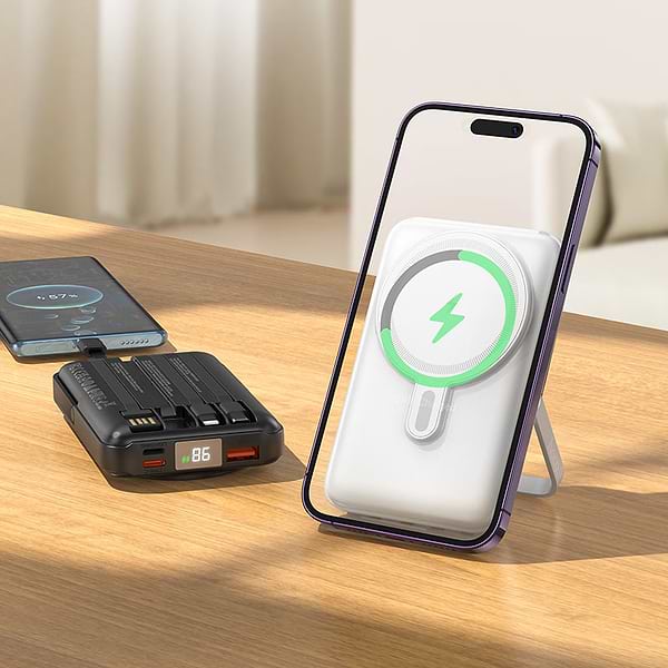 Фото - Батарея мобильная HOCO J135 Rico 22.5W + PD20W Magnetic со встроенными кабелями + подставка (10000 mAh) Black (715097)