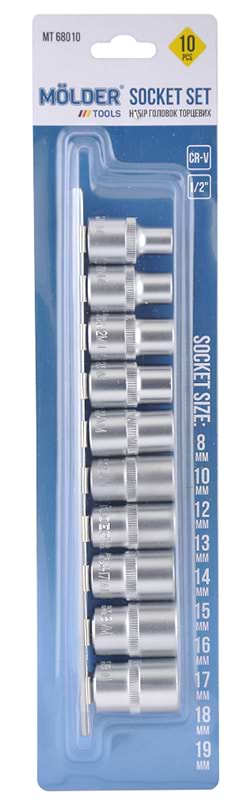 Набор торцевых головок Molder 1/2  8-19 мм CR-V 10 шт. (MT68010)