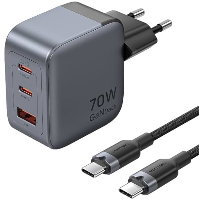 Сетевое зарядное устройство Vention 3xUSB 70W GaN +USB-C cable М-М Black (TZ-FEXH0-EU)
