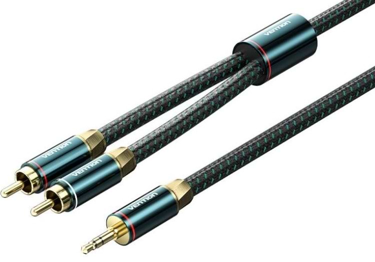 Кабель 3.5 мм - RCA Vention AUX Audio HiFi TRS 3.5мм - RCAx2 M/M 2.0м, OFC Silver, Cotton braided, green (BCSGH)