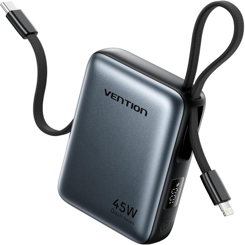 Батарея мобільна Vention 10000mAh 45W Built-in USB-C and Lightning Cables Gray (FKMH0)