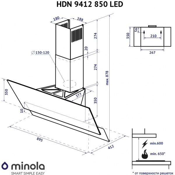 Фото - Витяжка декоративна Minola HDN 9412 BL 850 LED