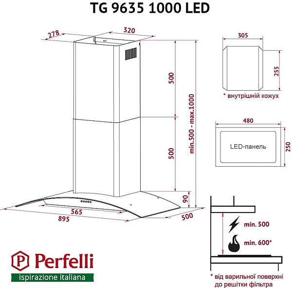 Фото - Вытяжка декоративная Perfelli TG 9635 I 1000 LED