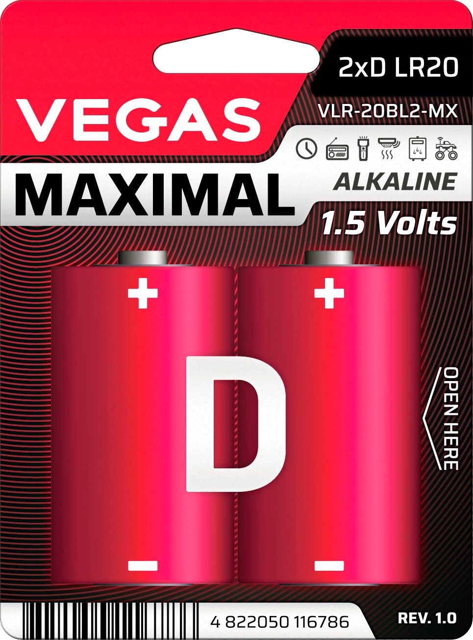 Батарейка тип D (LR-20) Vegas Maximal VLR-20BL2-MX - Фото 1
