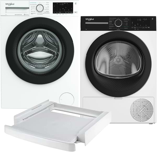 Фото - Комплект техники Whirlpool Стиральная машина с фронтальной загрузкой + Сушильная машина + Комплект креплений для установки в колонну Whirlpool WAM 712WB UA + WPS 7 WBS UA + SKS101 White
