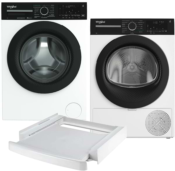 Фото - Комплект техніки Whirlpool Пральна машина з фронтальним завантаженням + Сушильна машина + Комплект кріплень для встановлення в колону Whirlpool WAM 714WKB UA + WPS 7 WBS UA + SKS101 White