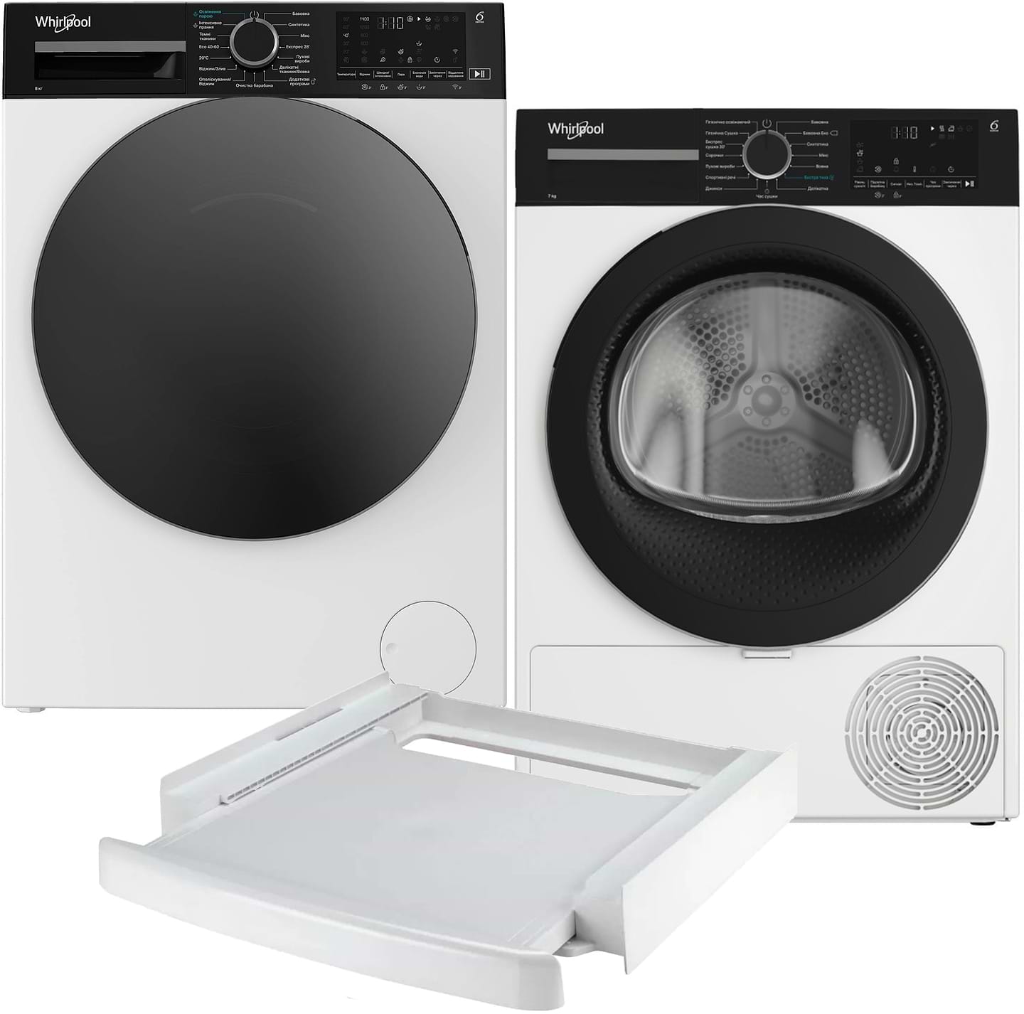 Комплект техники Whirlpool Стиральная машина с фронтальной загрузкой + Сушильная машина + Комплект креплений для установки в колонну Whirlpool WAM 762WBC UA + WPS 7 WBS UA + SKS101 White - Фото 1