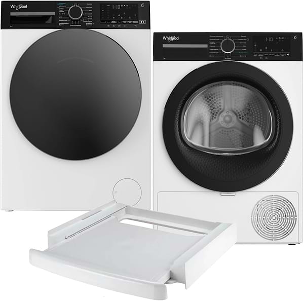 Фото - Комплект техники Whirlpool Стиральная машина с фронтальной загрузкой + Сушильная машина + Комплект креплений для установки в колонну Whirlpool WAM 762WBC UA + WPS 7 WBS UA + SKS101 White