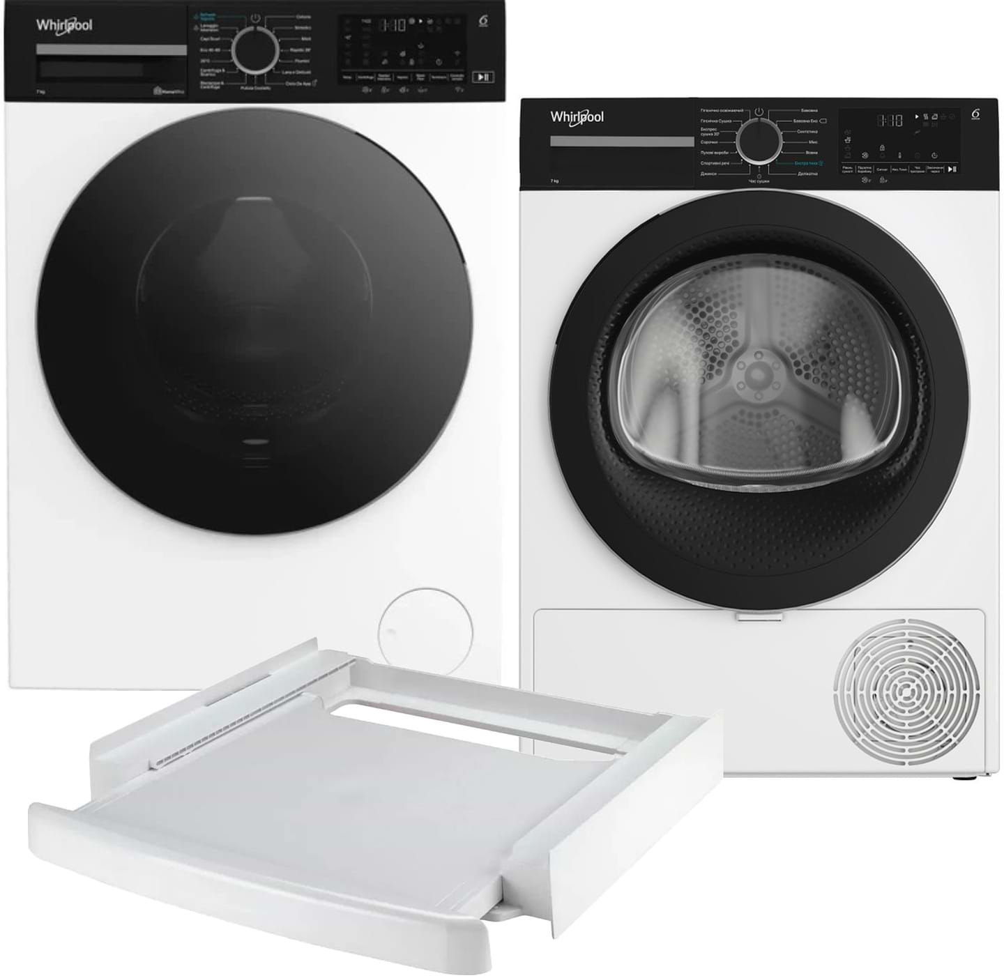 Комплект техніки Whirlpool Пральна машина з фронтальним завантаженням + Сушильна машина + Комплект кріплень для встановлення в колону Whirlpool WAM 764WKB UA + WPS 7 WBS UA + SKS101 White - Фото 1