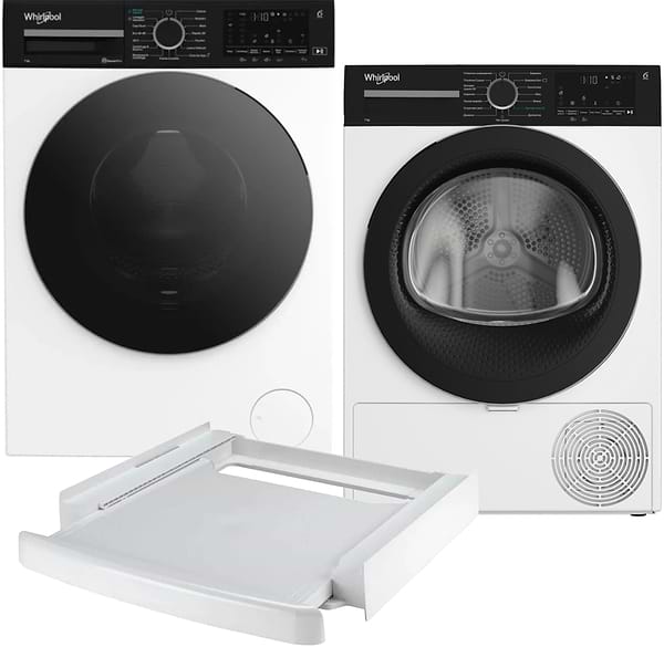 Фото - Комплект техніки Whirlpool Пральна машина з фронтальним завантаженням + Сушильна машина + Комплект кріплень для встановлення в колону Whirlpool WAM 764WKB UA + WPS 7 WBS UA + SKS101 White