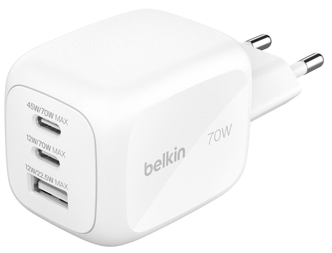 Сетевое зарядное устройство Belkin 70Вт 2хUSB-С/USB-A GAN PD PPS White (WCH018HQWH)