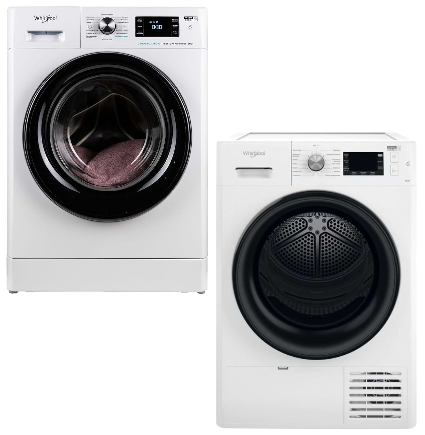 Комплект техніки Whirlpool Пральна машина з фронтальним завантаженням + Сушильна машина Whirlpool FFB 9448 BV UA + FFT M22 9X2B UA - Фото 1
